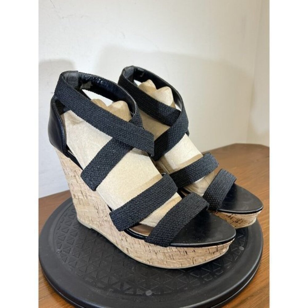 Steve Madden Retro Black Woven Platform Cork Wedges 9.5 B 90s Shoes Y2K‎